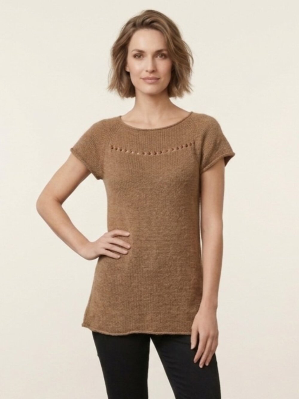 Luisa Cerano Camel Knit Short Sleeve Sweater Top